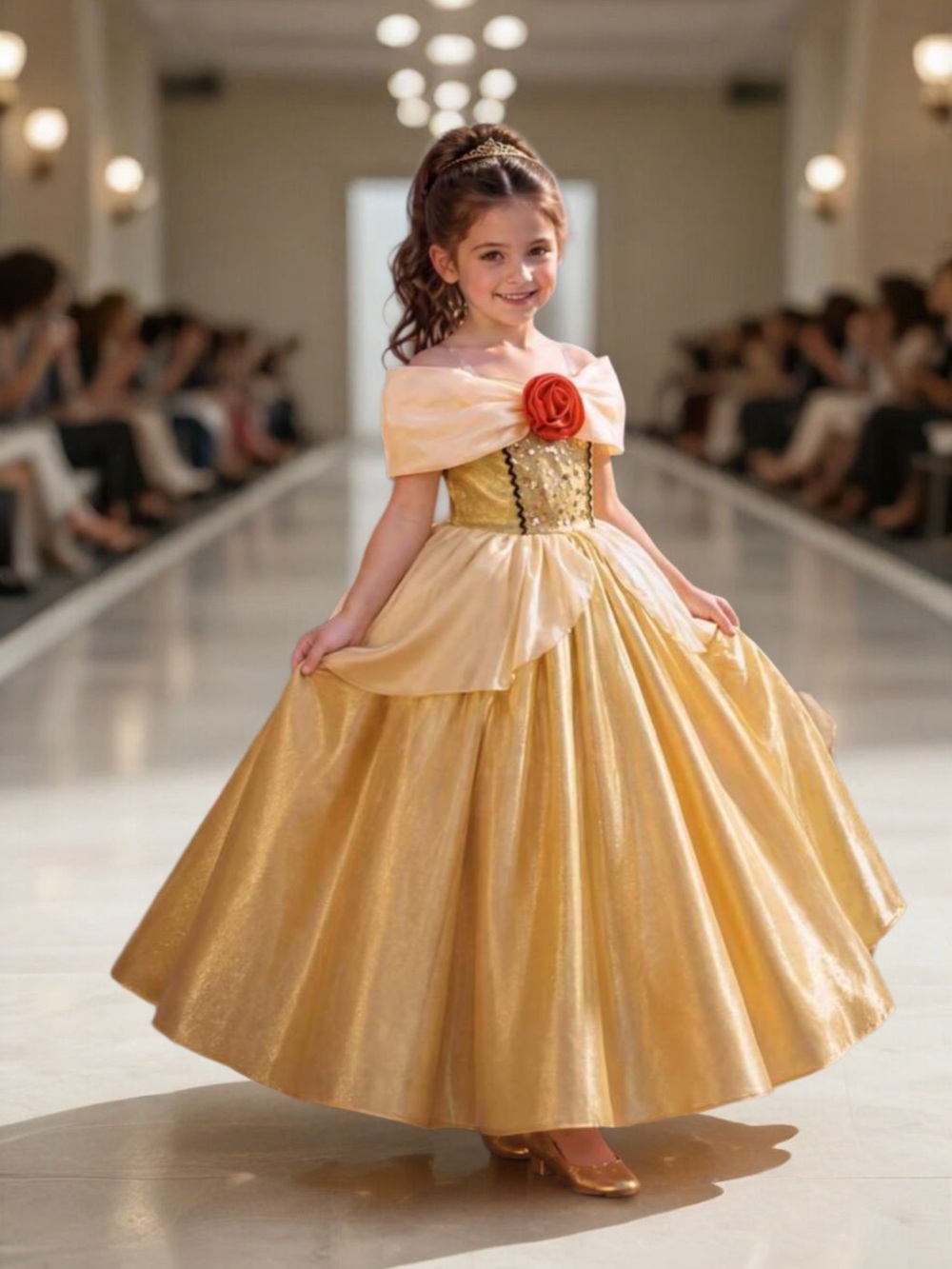 Gold Princess Ball Gown Kids Costume with Rose Accent